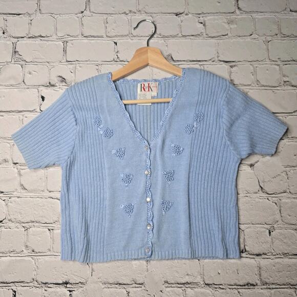 Vintage RK Originals Ramie Cotton Blue Short Sleeve Small Button Cardigan Size 6 - Picture 1 of 10